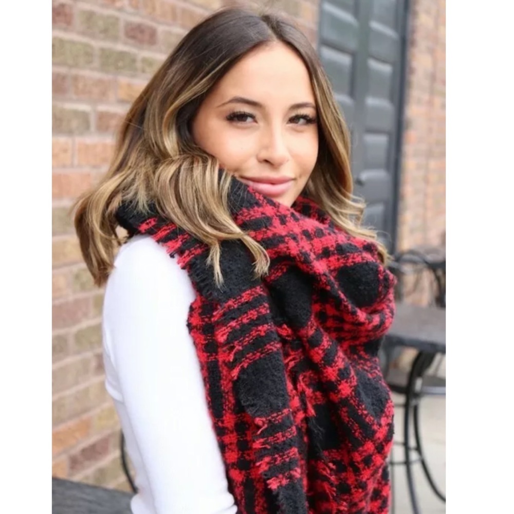 SOLD OUT Red & Black Frayed Hem Soft Plaid Blanket Scarf - Picture 2 of 4